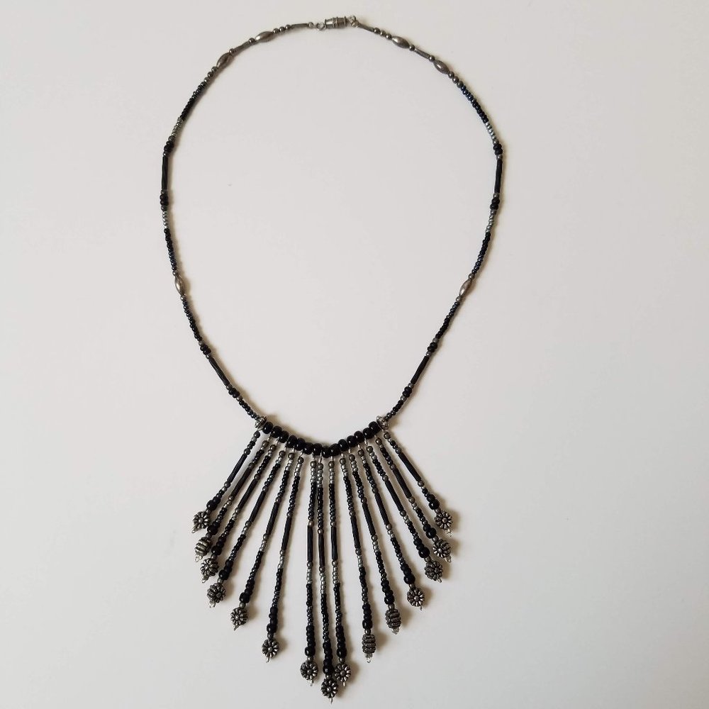 Vintage Screw Clasp Black Fringe Necklace